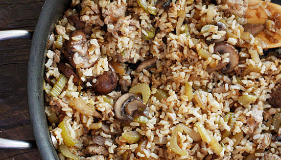 Chicken Sausage Brown Rice Stuffing with Celery and Mushrooms